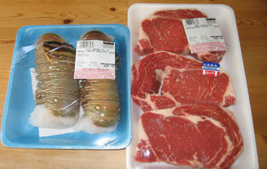 Valnetine's day dinner ribeyes and lobster tails in Costco packaging