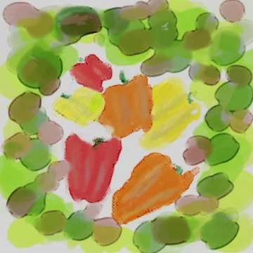 Digital watercolor of red, yellow and orange peppers