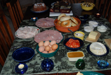 brunch goodies laid out on dining table