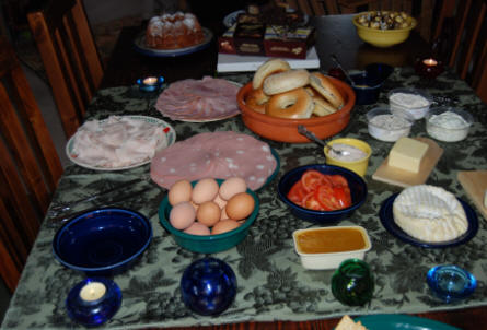 brunch goodies laid out on dining table