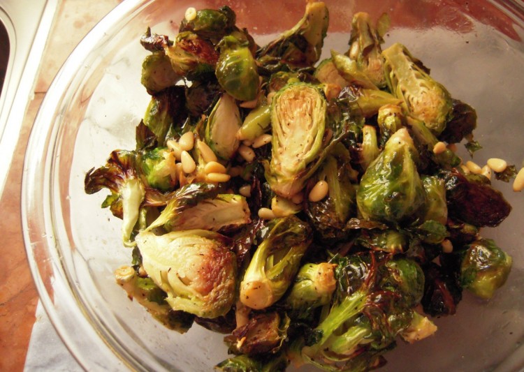 warm brussels sproats salad with pine nuts and nut oil