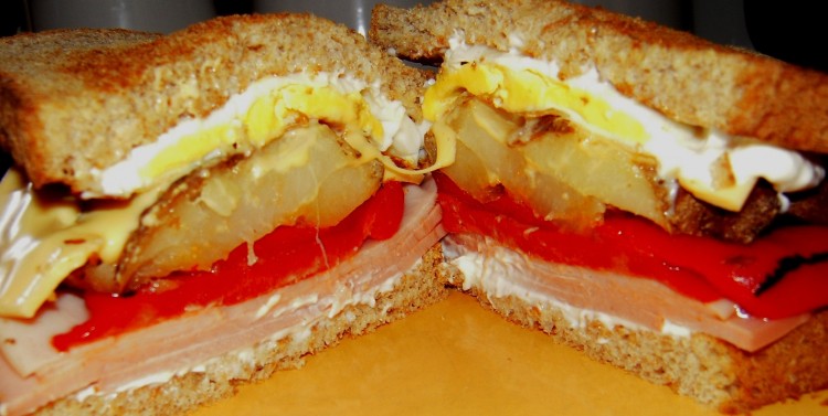 Roasted red pepper, egg, cheese, turkey, potato on whole wheat