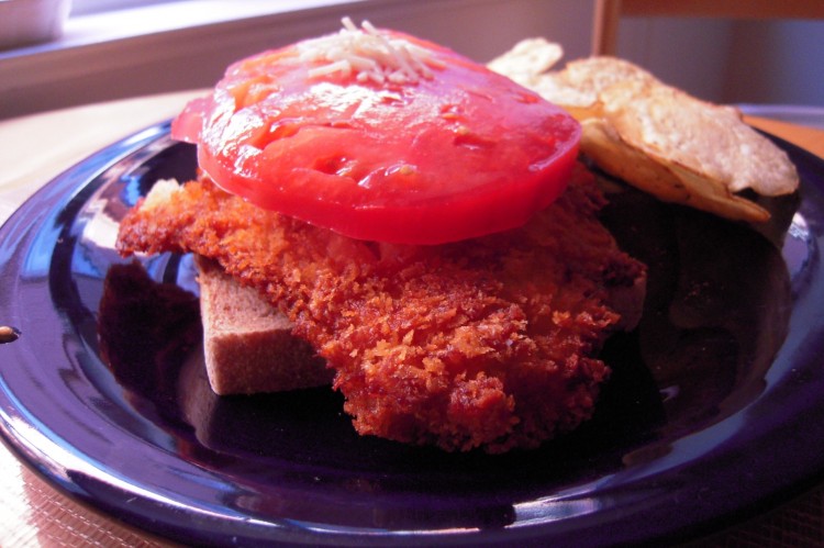 Fried fish and heirloom tomato sandwich