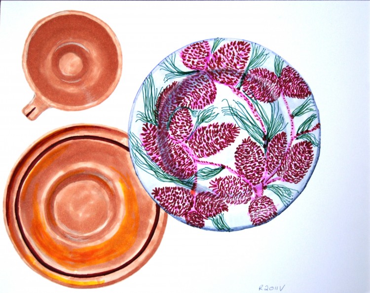 Marker drawing of three pieces of TEPCOware on a white background. One if a needles and pine plate. Two are sunglow - a cup and saucer - with a red band