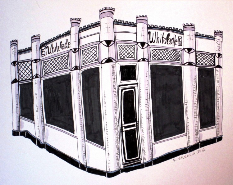 Marker drawing of retro White Castle burger stand