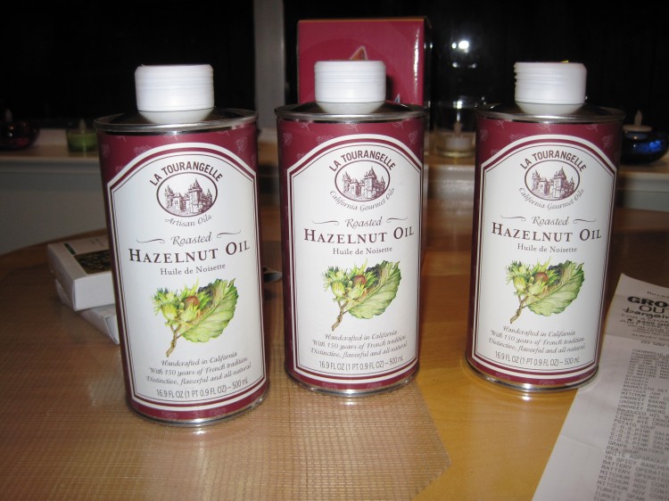 Three bottles of La Tourangelle Roasted Hazelnut Oil from Grocery Outlet in Berkeley.
