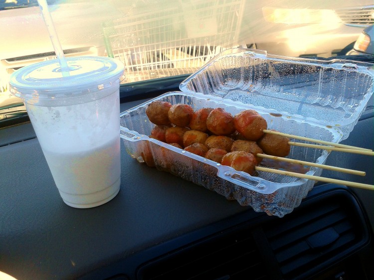 Curry fish balls and coconut juice