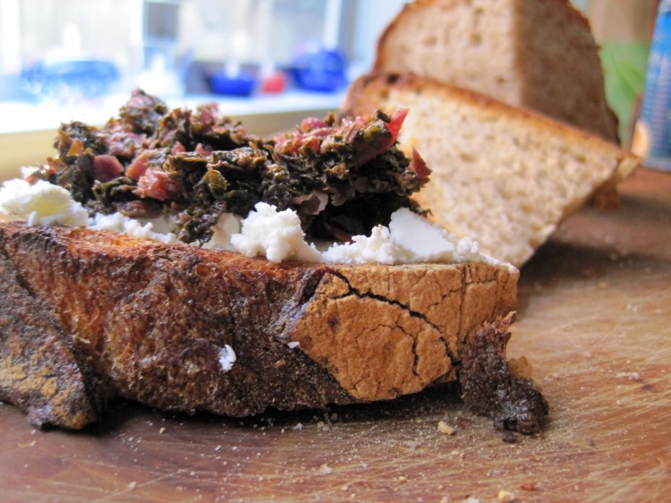kale tapenade and chevre on crusty bread