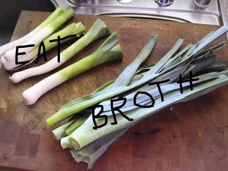 Leeks in two parts. One end for broth, the other to use in a dish