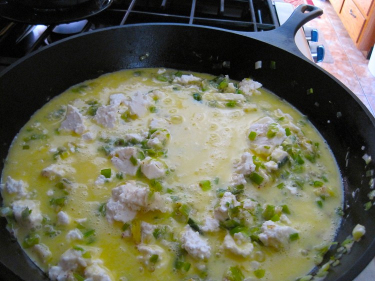 Leek and feta scramble in frying pan