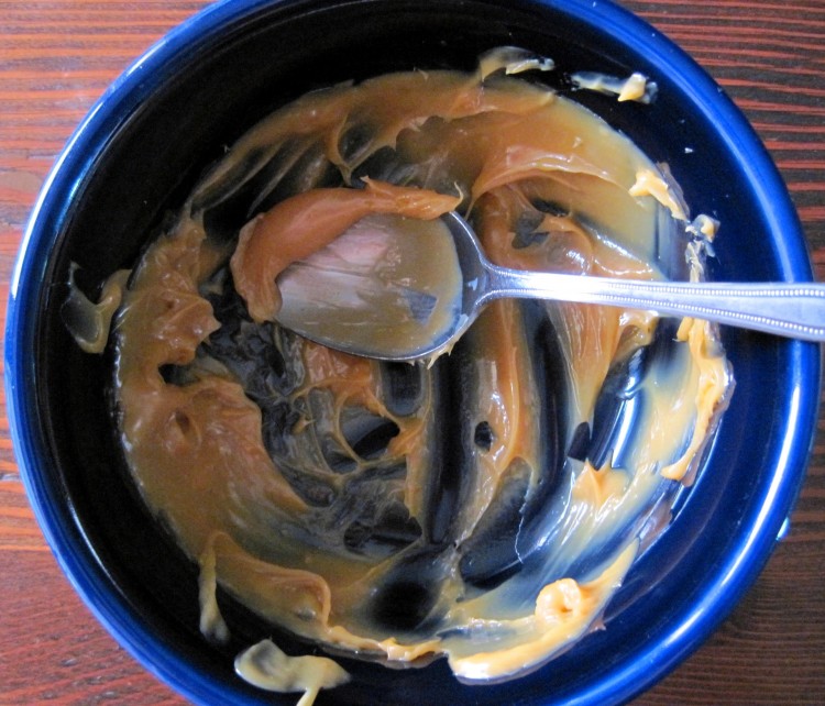 leftover caramel in a blue bowl