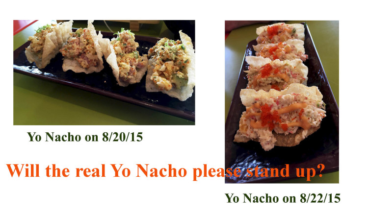 Two photos of the yo nacho from yo sushi in albany, showing how different they were on different days of the same week