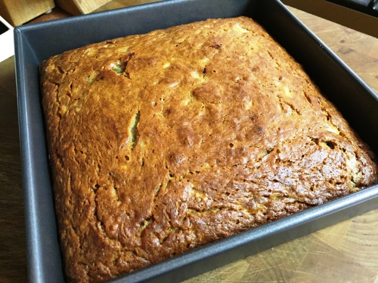 Banana bread ready in square cake pan